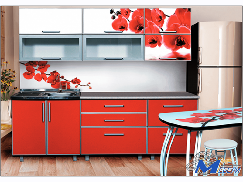 Кухня Орхидея с фотопечатью 2м. Кухонный гарнитур. Красный кухонный гарнитур. Кухонная гарнитура. Купить кухню недорого пенза